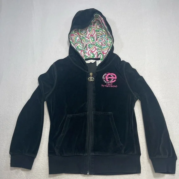 Marc Ecko Red by Marc Ecko Velour Zip Hoodie Black Pink Logo Girls M - Picture 1 of 6